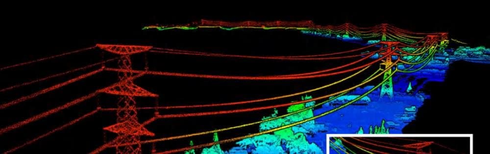 LIDAR point cloud capture of an industrial site, color-graded by elevation.