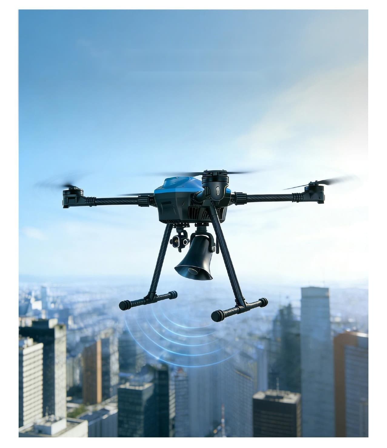 Industrial security drone with megaphone payload broadcasting voice over an urban skyline.